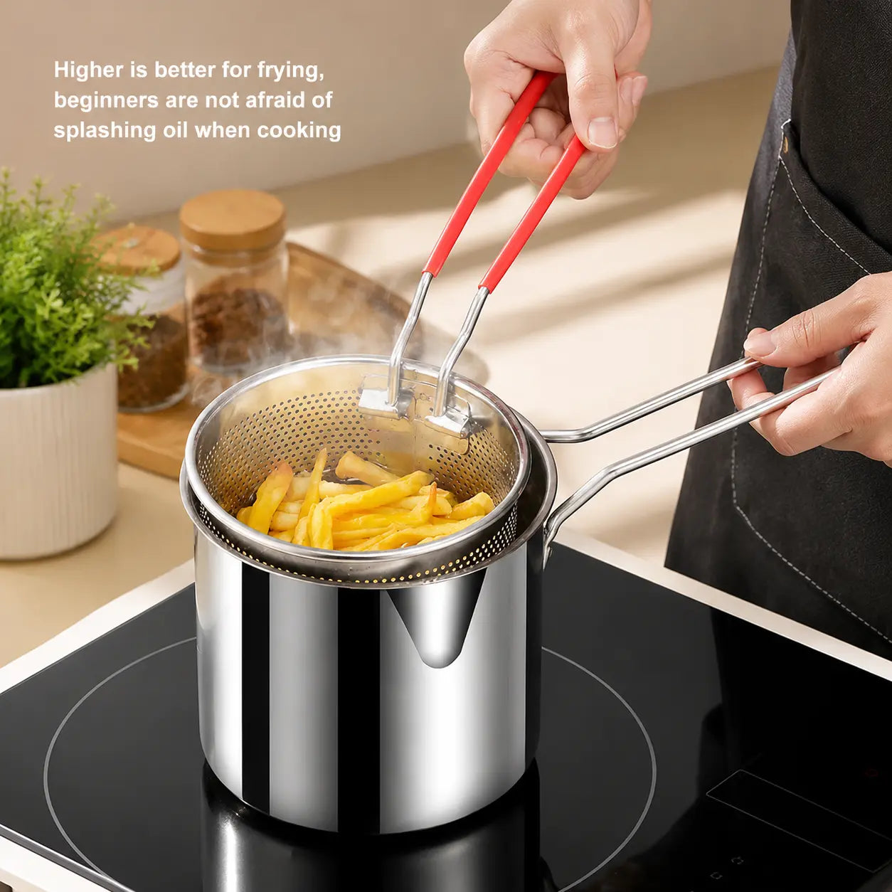 3-Piece Stainless Steel Mini Deep Fryer Set – Portable Pot with Strainer Basket & Food Tongs