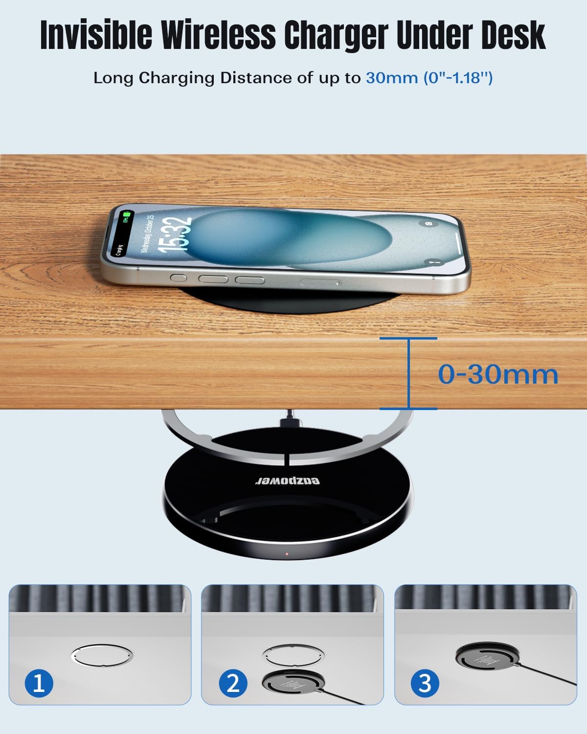 Invisible Wireless Charger, 0-30mm Under Desk Wireless Charger