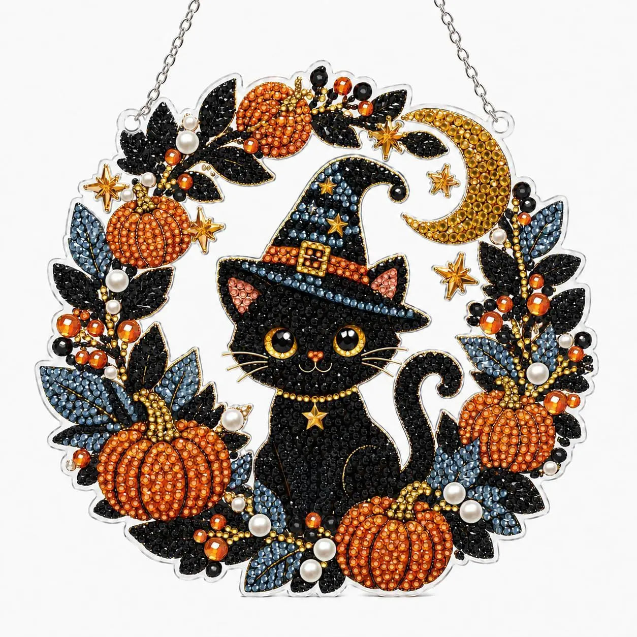 Halloween Diamond Painting Suncatcher Ornament Kit – Pumpkin & Black Cat DIY Gem Art for Window Decor