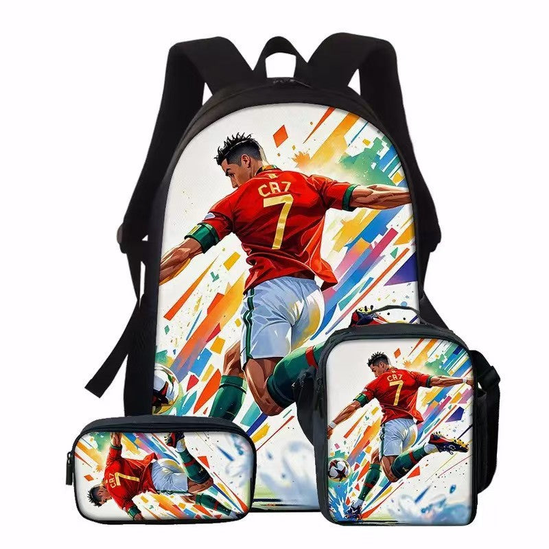 Football Star Print 16-Inch 3-Piece Casual Daypack Set for your little Fans, Includes Single-Layer Backpack, Small Shoulder Bag and Single-Layer Pencil Bag