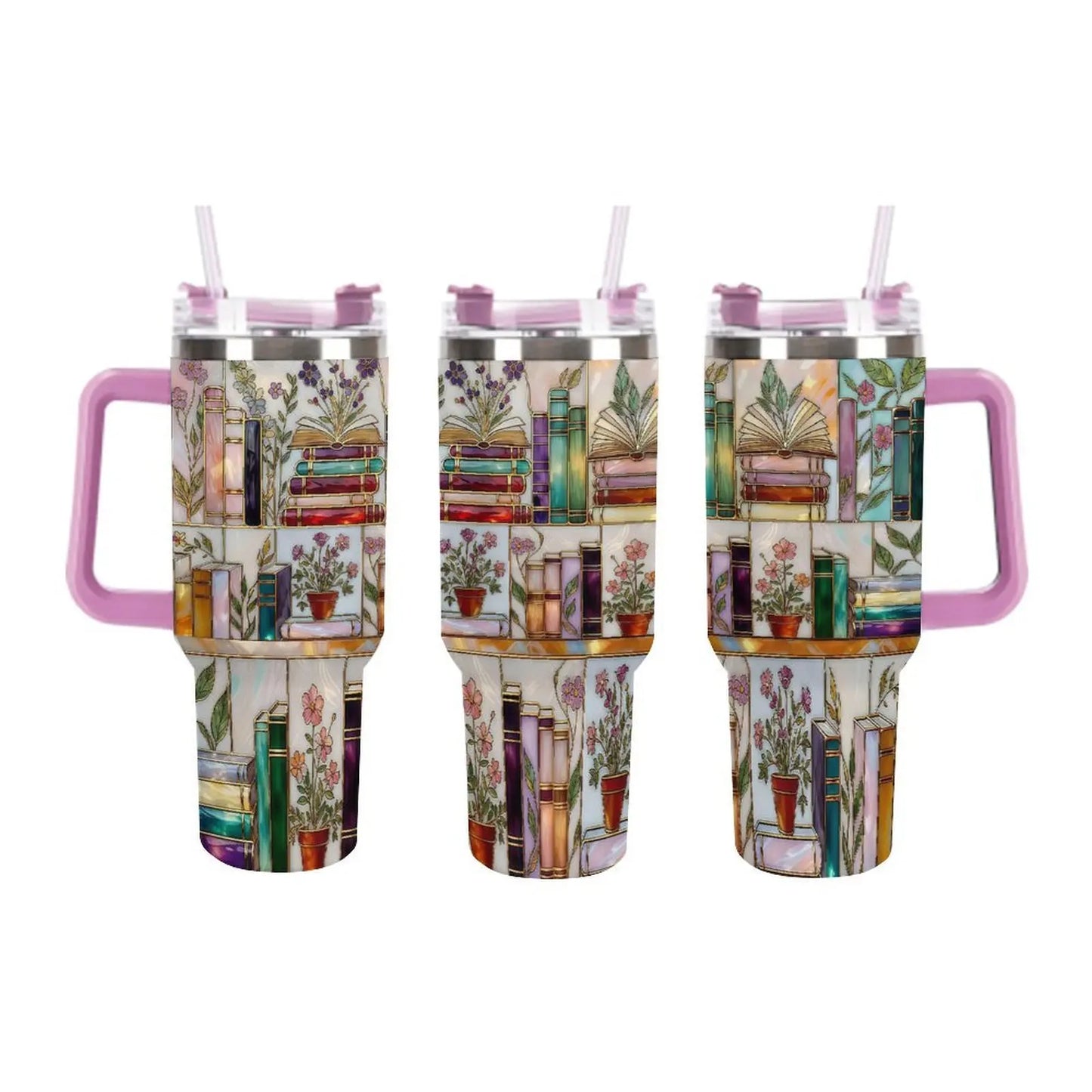 Stained-Glass Book Design 40oz Tumbler, Floral Bookshelf Tumbler, Book Lover Gift, Bookish Cup, Library Cup, Tea Cup, Coffee Mug, Gift for Friends, Kitchen Drinkware, Dealsforyou, Summerwins