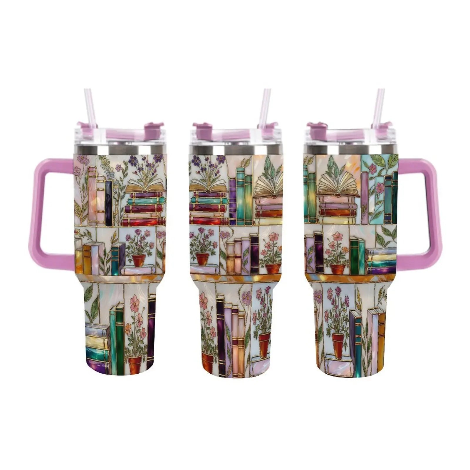 Stained-Glass Book Design 40oz Tumbler, Floral Bookshelf Tumbler, Book Lover Gift, Bookish Cup, Library Cup, Tea Cup, Coffee Mug, Gift for Friends, Kitchen Drinkware, Dealsforyou, Summerwins