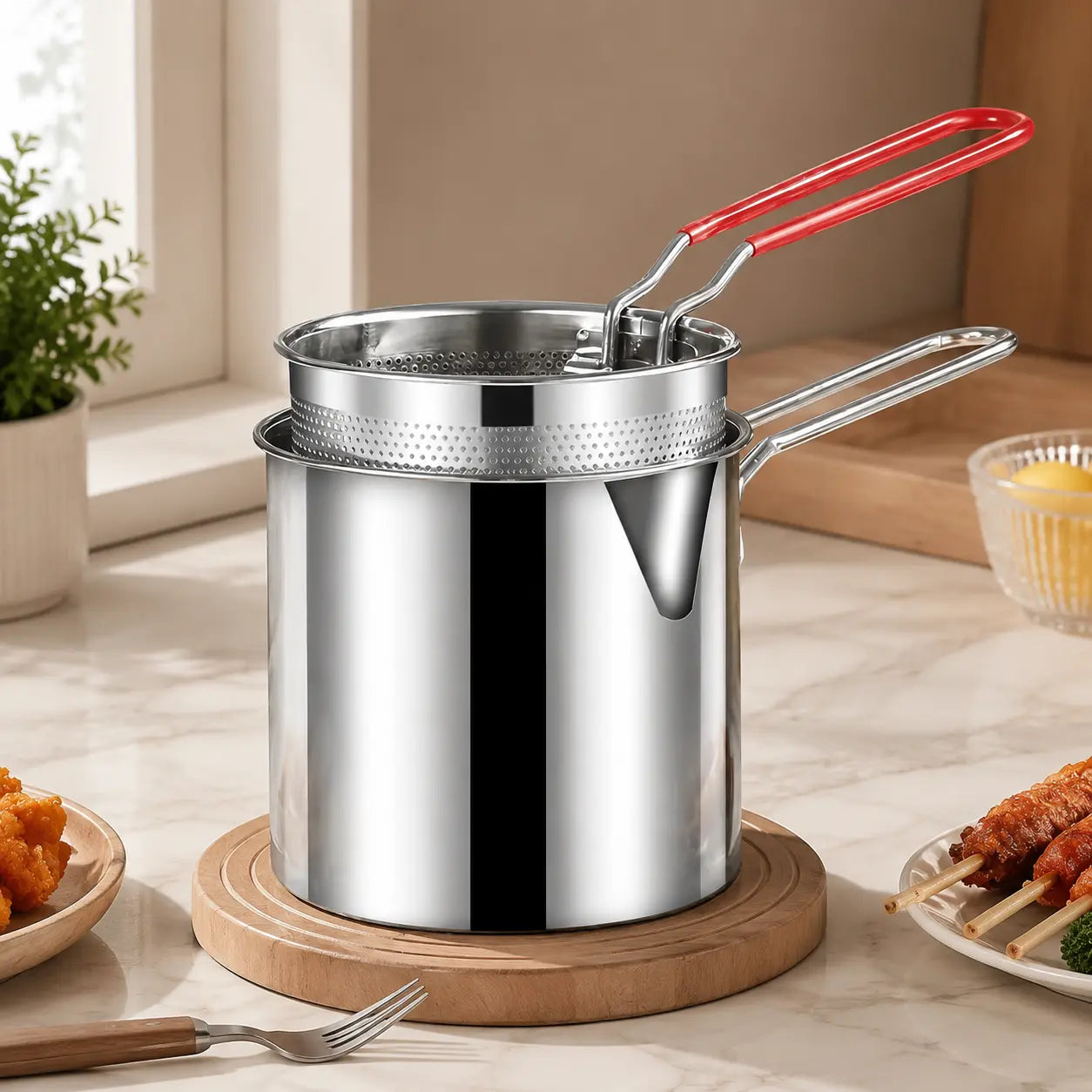 Set de mini freidora de acero inoxidable de 3 piezas – Olla portátil con cesta coladora y pinzas para alimentos