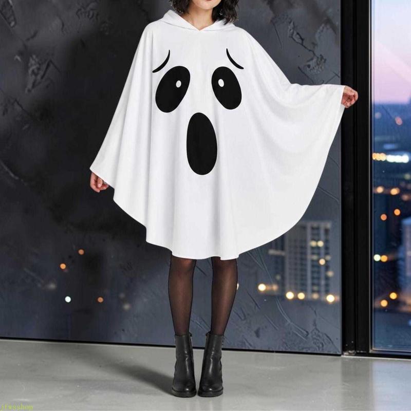 Adult White Hooded Ghost Cape – Soft Loose-Fit Halloween Poncho Costume