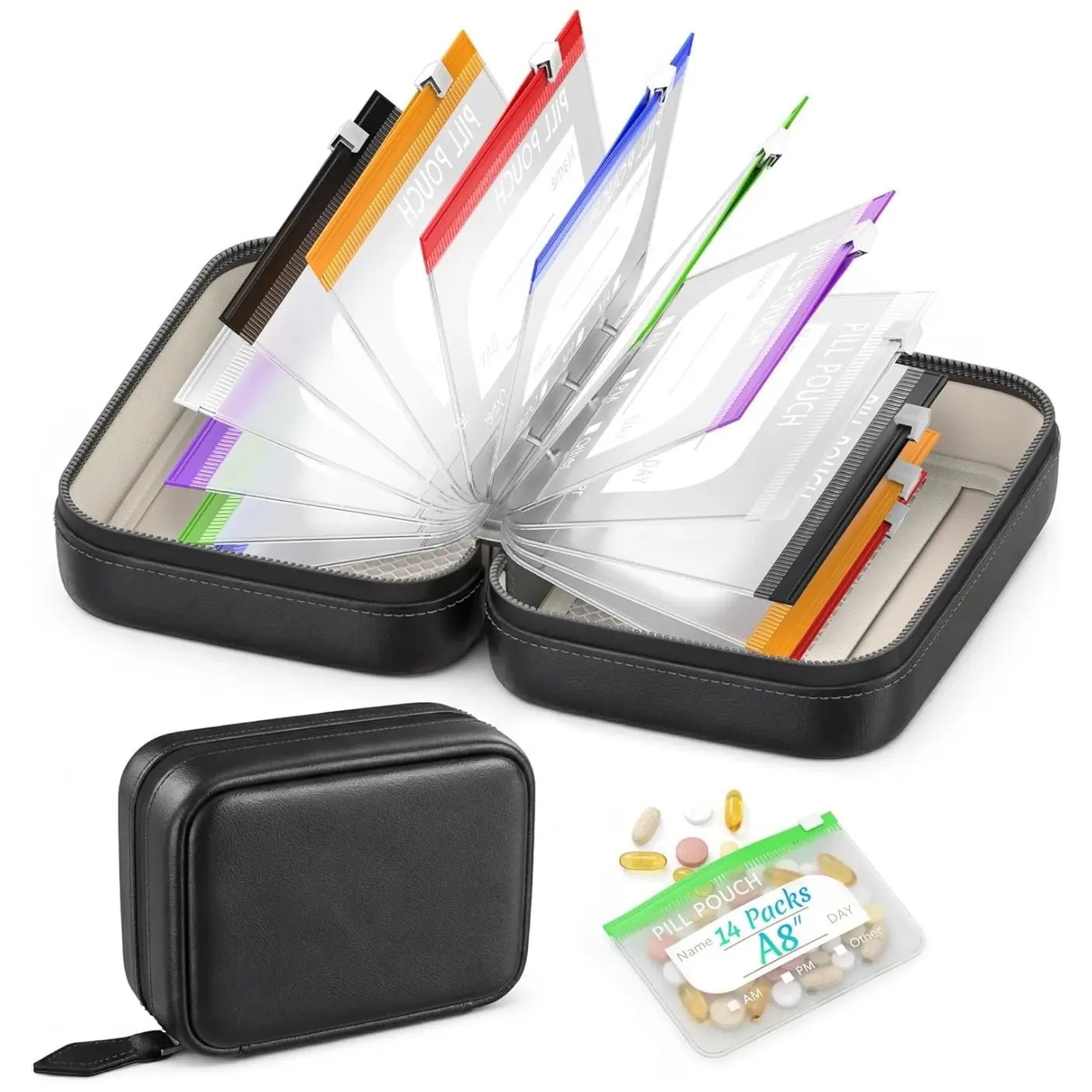 A8 Waterproof Weekly Pill Organizer: Travel Medicine Pouch Set with 14 Color-Coded Reusable Zipper Bags