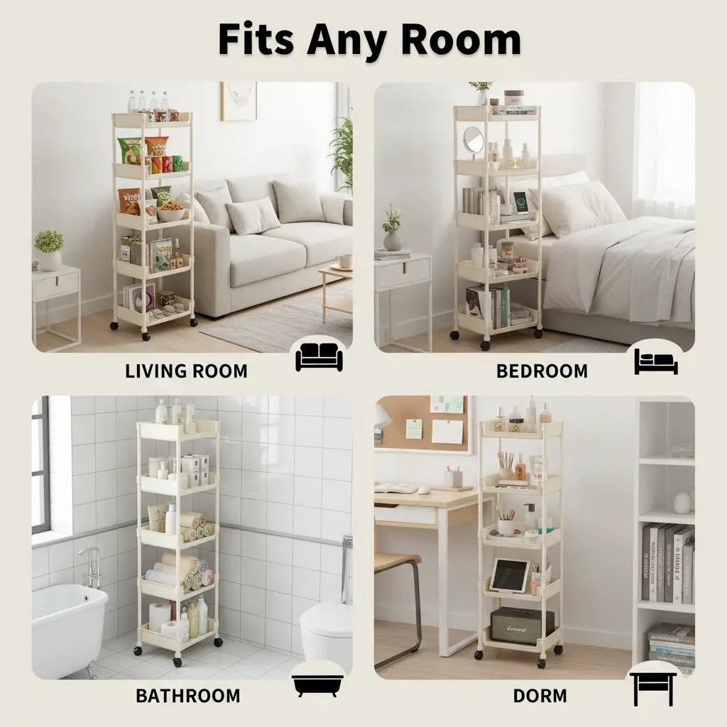 Adjustable Multi-Layer Rolling Storage Cart | Plastic Room Organizer for Kitchen & Bath (Includes Suction Sponge Holder & Glove Clip)