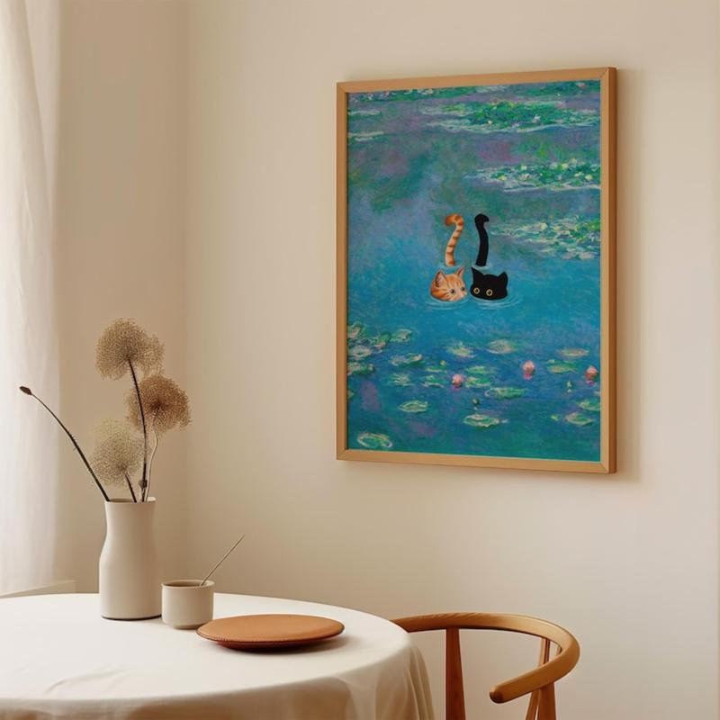 Black and Orange Cat Print Monet Waterlily Funny Wall Art Poster for Home Valentines Day Decor