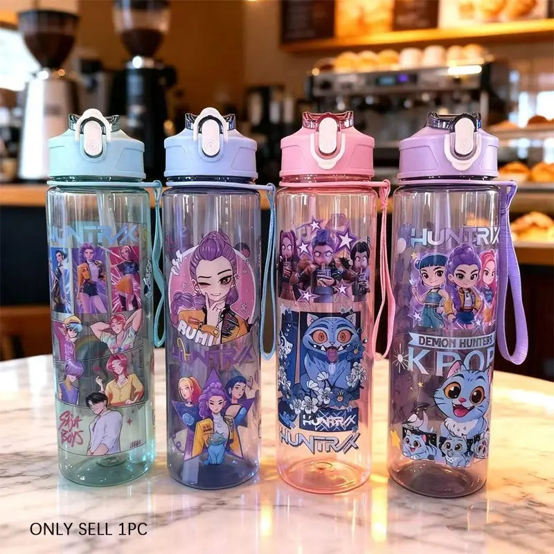 K-Pop  Water Bottle with Lid and Straw, Reusable Hard Plastic, 700ML Eco-Friendly, Perfect for School, Travel, Halloween Party