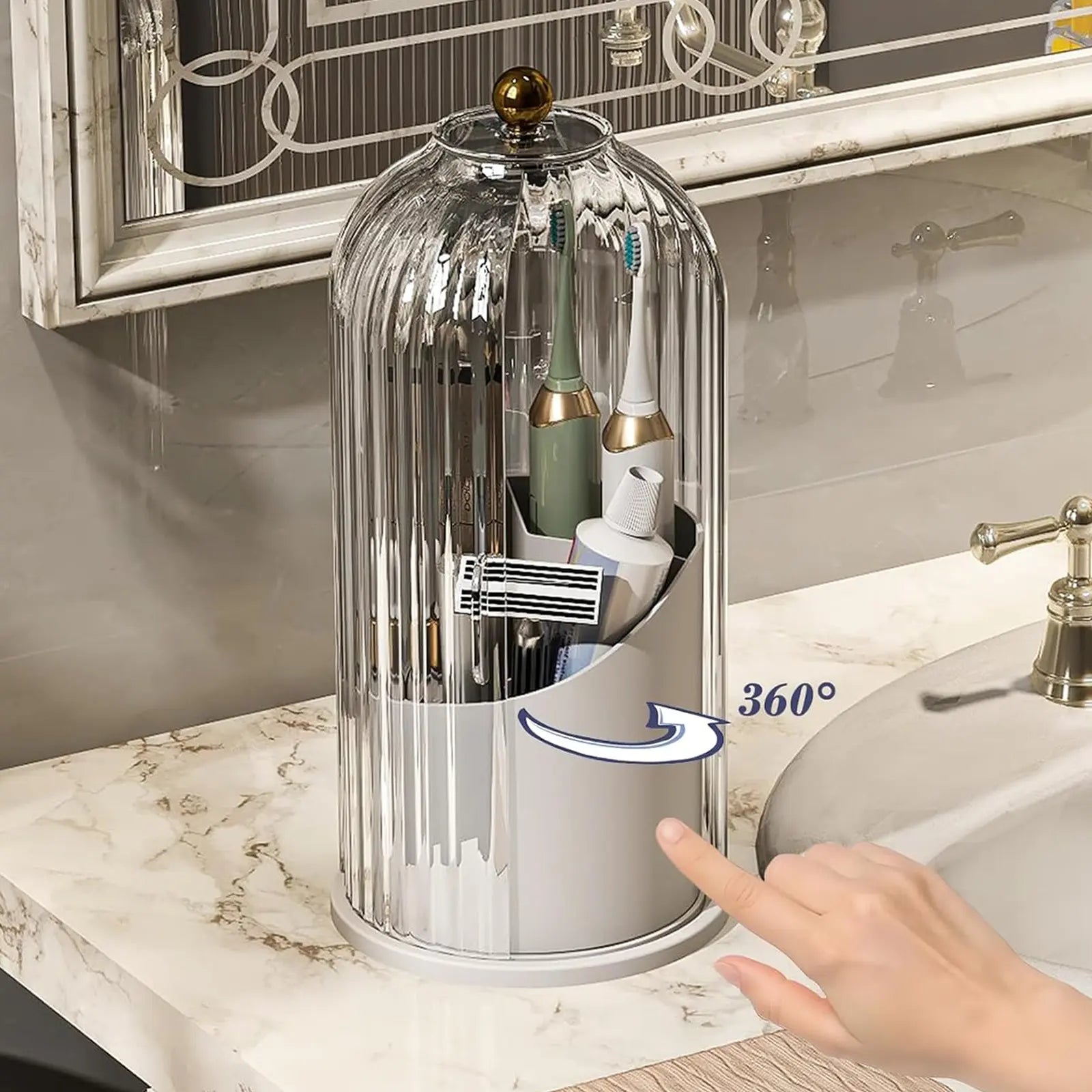 Soporte Giratorio 360° Transparente para Cepillos de Dientes con Puerta Transparente – Organizador de Tocador de Baño para Encimera (1 Unidad)