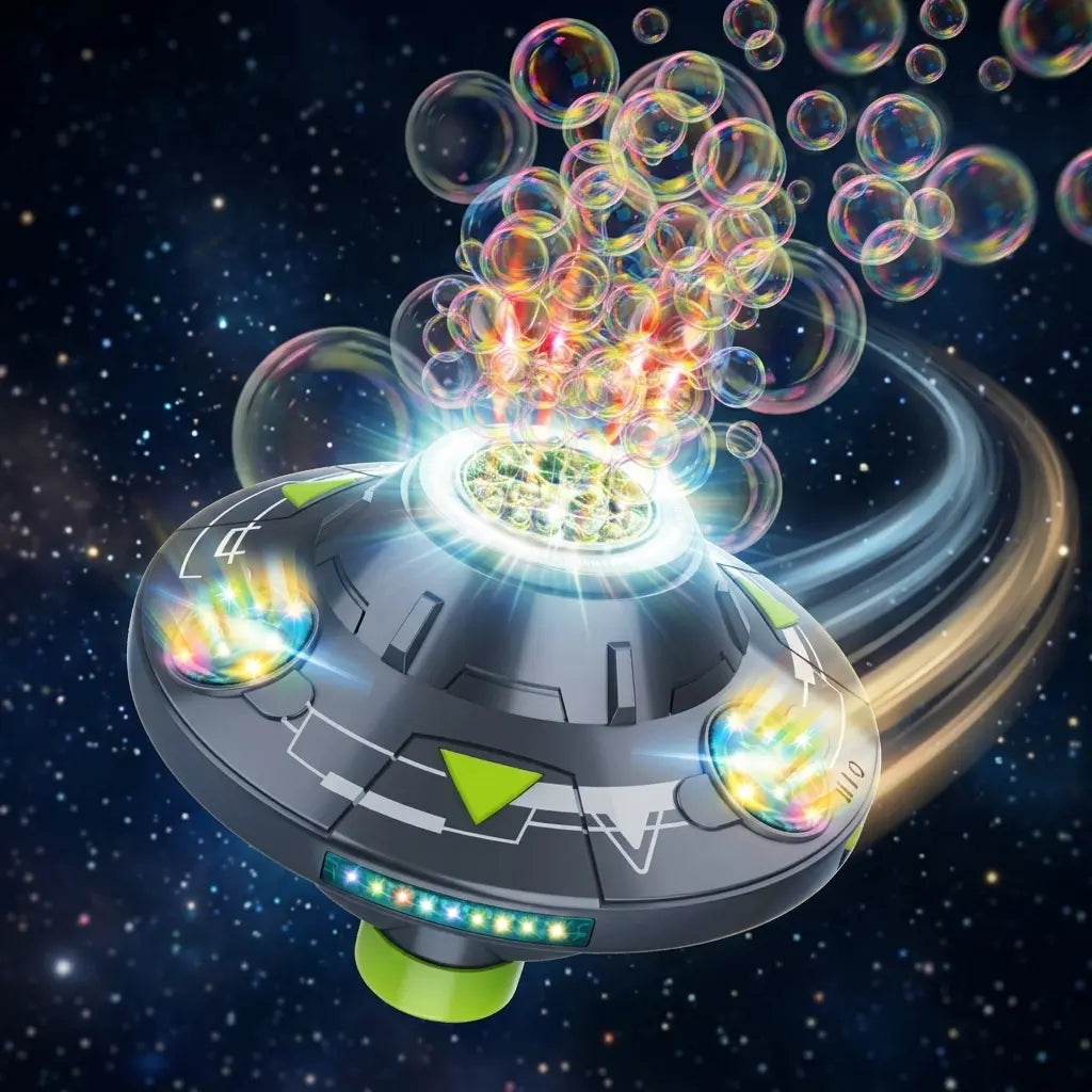Multifunction Bubble Maker, Automatic Rotating Disc Toy with Colorful Lights, Music, Obstacle Avoidance, Flying Saucer Design for Indoor, Outdoor Birthday Parties