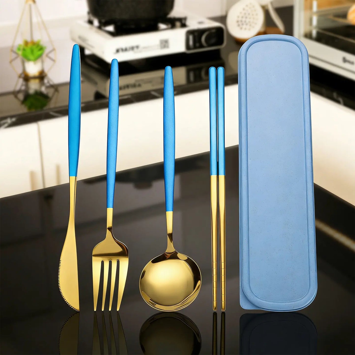 4-Piece Gold Titanium Stainless Steel Cutlery Set with Case – Portable Reusable Utensils for Travel & Office