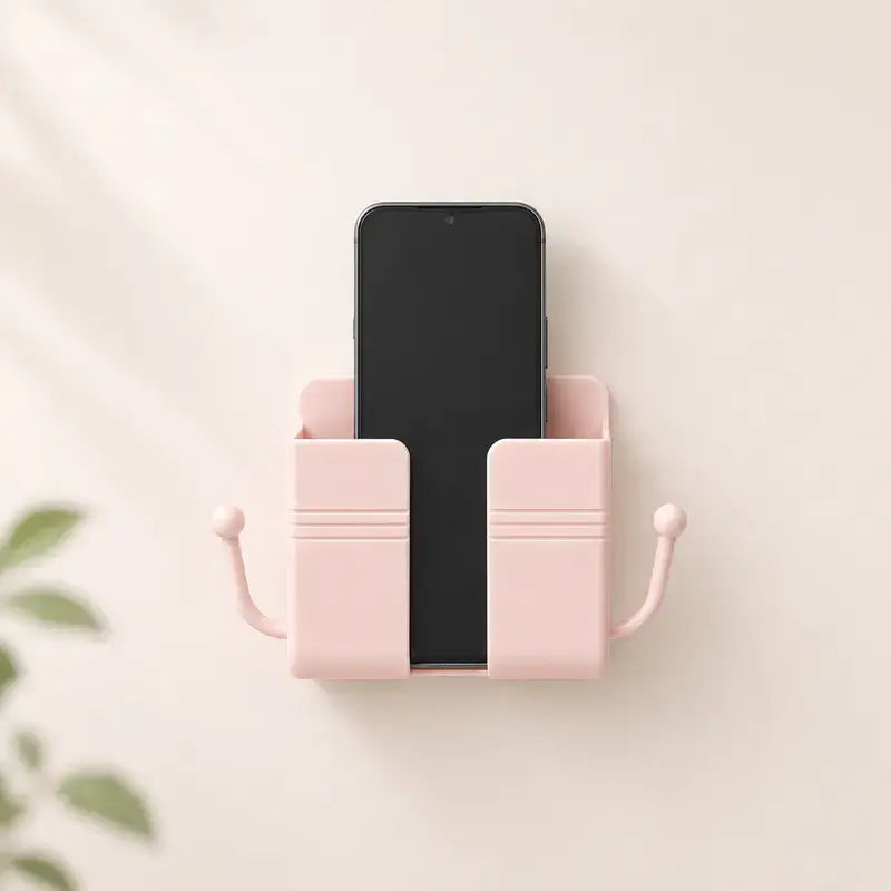 Wall-Mounted Adhesive Phone Holder with Cable Clip & Hooks for Charging & Remote Control