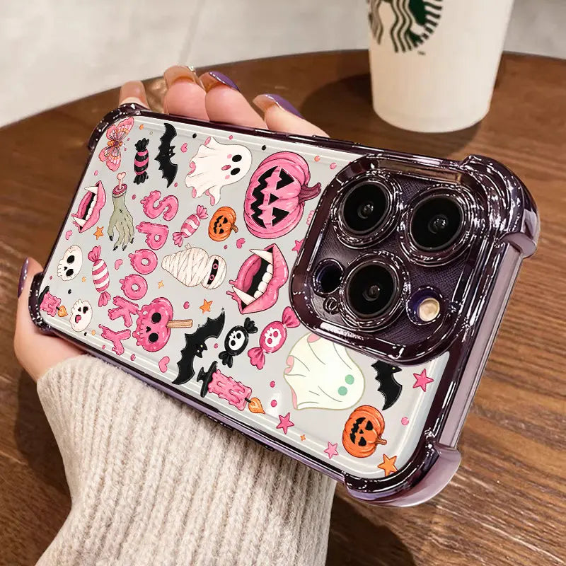 Cute Candy Pumpkin & Ghost Transparent Phone Case for iPhone 17 Pro Max – 4-Corner Anti-Fall Shockproof Cover