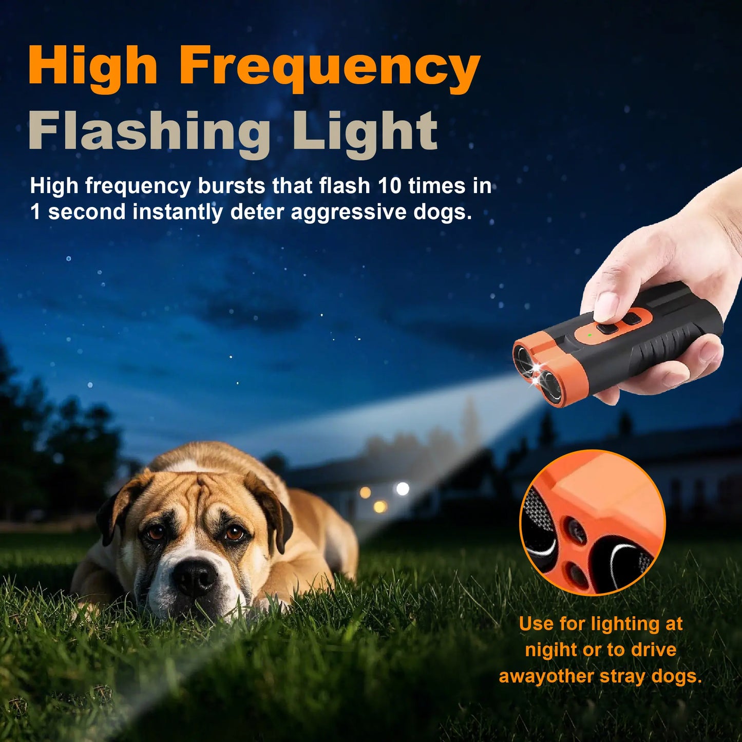 Ultrasonic Dog Barking Deterrent Training Tool - USB-Rechargeable, Dual Emitter, 50ft Range, 25KHz Frequency, Flashlight, Portable Grip, Kit Included for Indoor & Outdoor Dog Behavior Control