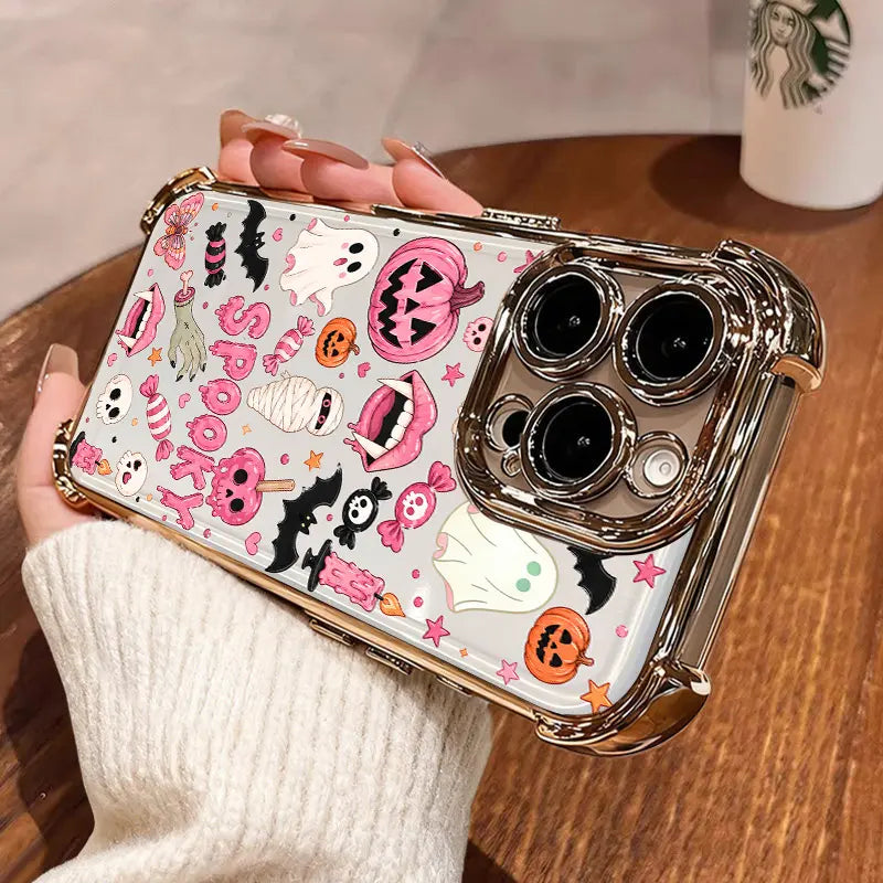 Cute Candy Pumpkin & Ghost Transparent Phone Case for iPhone 17 Pro Max – 4-Corner Anti-Fall Shockproof Cover