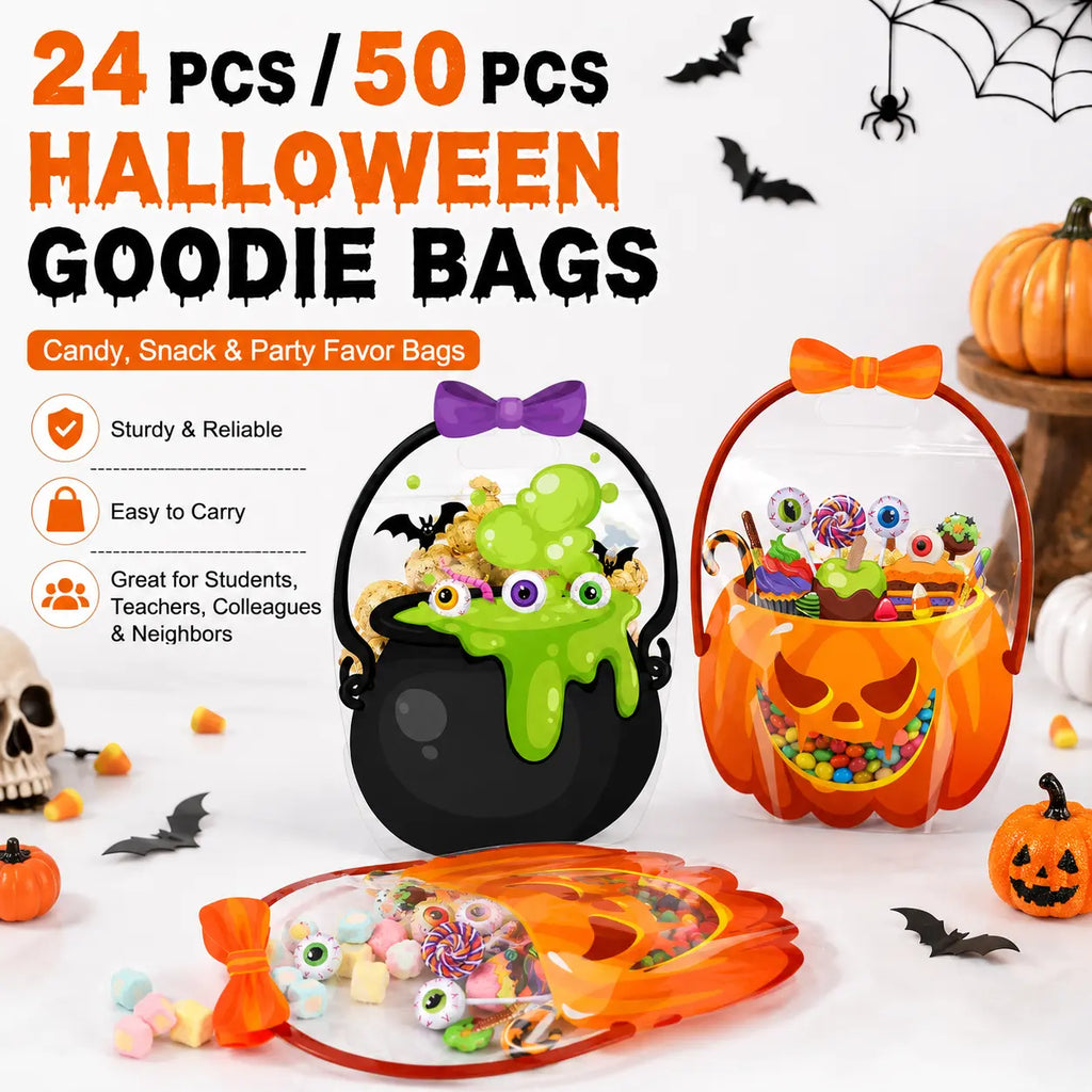 12-60 Pcs Halloween Plastic Goodie Bags – Trick or Treat Candy Bags with Pumpkin & Skull Patterns