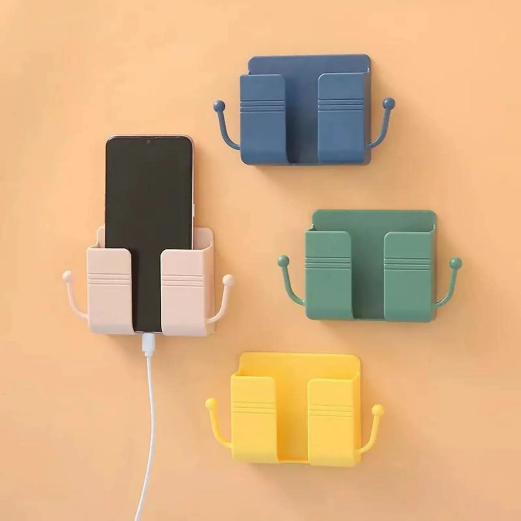 Wall-Mounted Adhesive Phone Holder with Cable Clip & Hooks for Charging & Remote Control