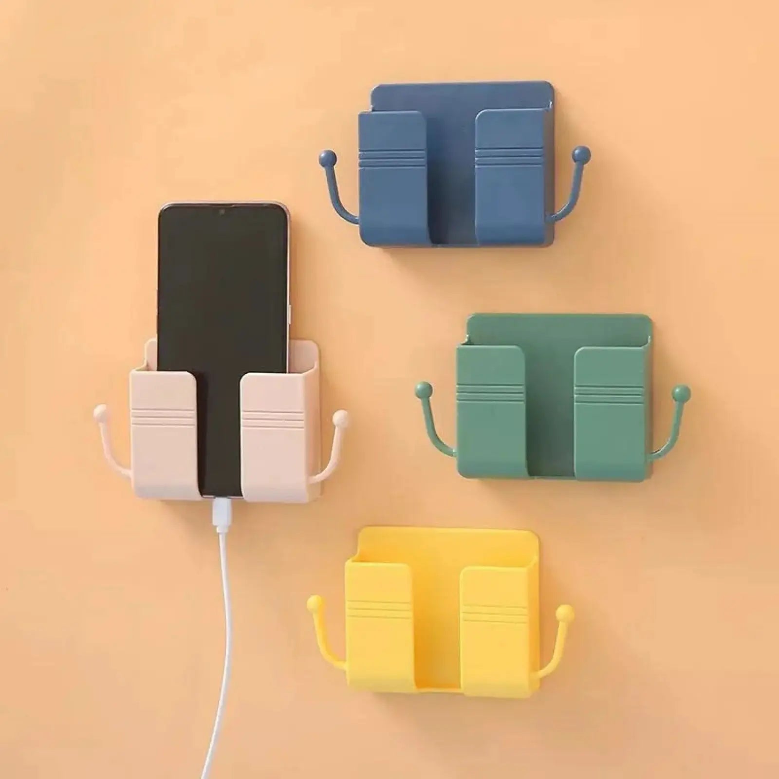 Wall-Mounted Adhesive Phone Holder with Cable Clip & Hooks for Charging & Remote Control