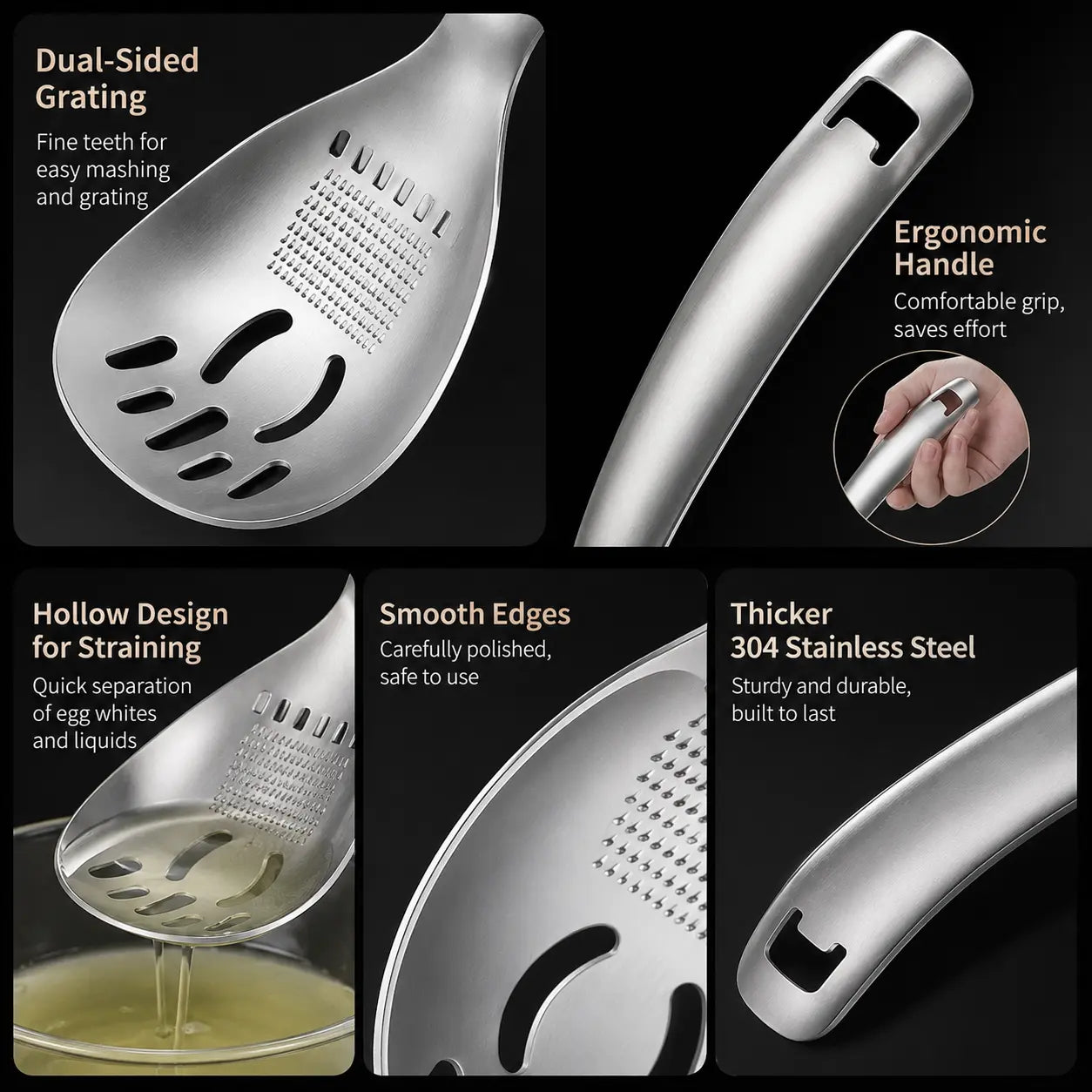 304 Stainless Steel Multifunctional Kitchen Spoon – Egg Separator, Garlic Grater & Mud Masher