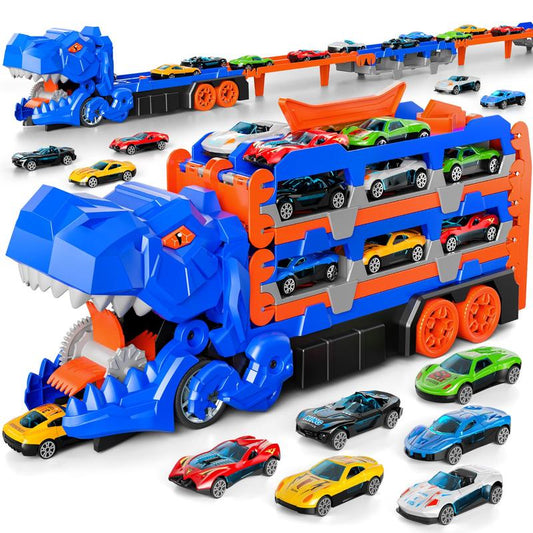 Dinosaur Transport Truck Toy Set with 10 Die-Cast Cars Launching and Transforming into Dinosaur for Boys
