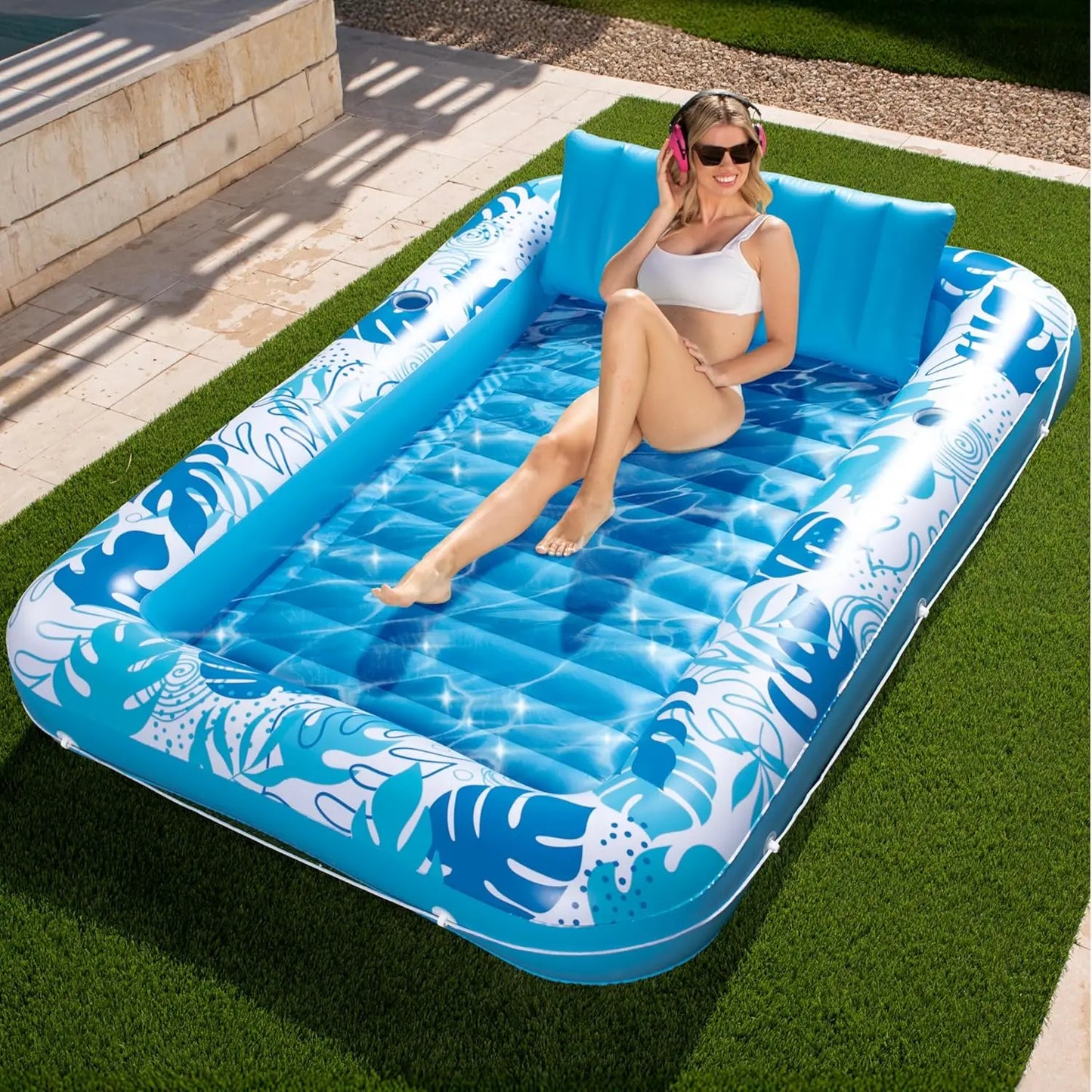 Sloosh L/XL Extra Large Inflatable Tanning Pool Float (70"x46"/85"x57") | 4-in-1 Adult Sunbathing Bed with Pillow, Cup Holder & Kids Ball Pit