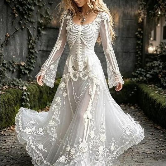 Women's Autumn Vintage Court Style Horn-Sleeve High-Waist Dress for Halloween