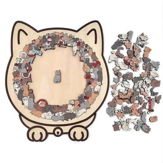 Cat-Shaped Wooden Puzzle 135 Pieces – Animal Jigsaw with Display Stand, Creative Gift for Cat Lovers