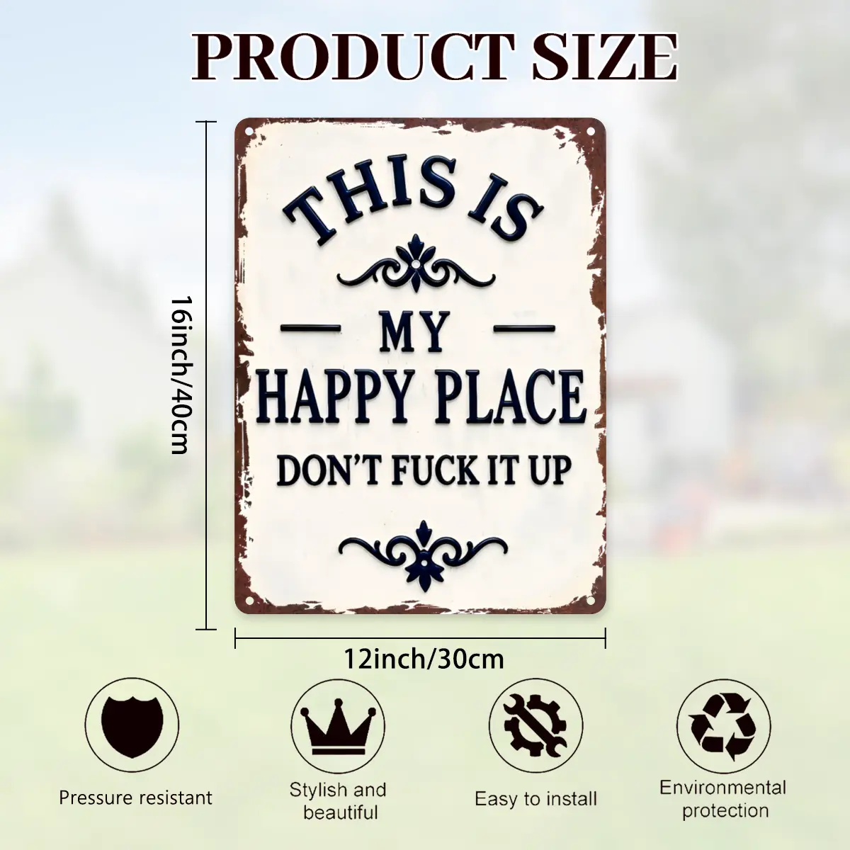 Letrero de metal "My Happy Place Don't Ruin The Fun" - Decoración de pared rústica de aluminio de 8x12 pulgadas