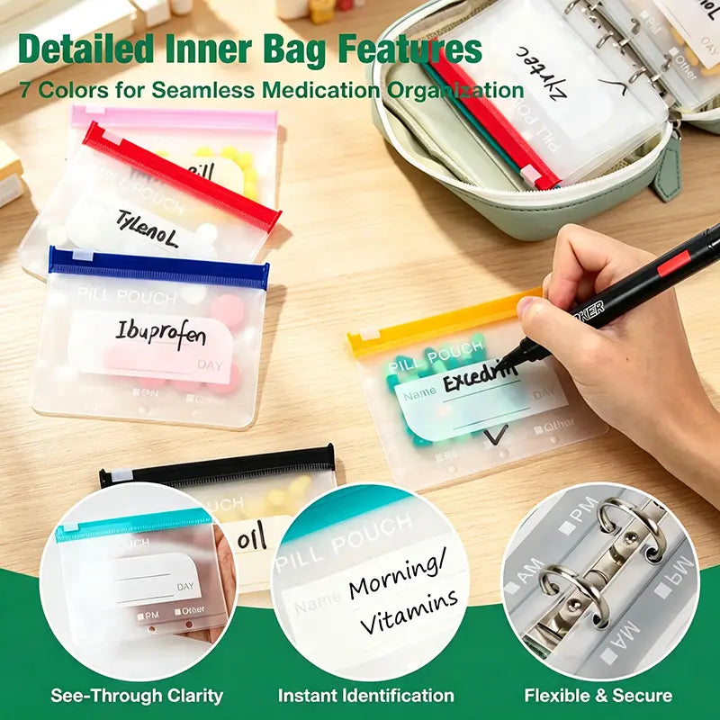 14-Piece A8 Waterproof Pill Pouch Organizer Set with Color-Coded Labels