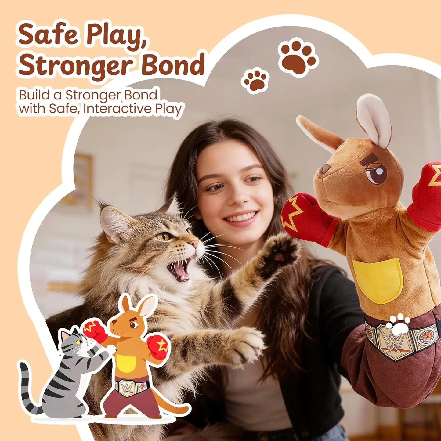 PURETOY Rumble Roo Cat Wrestling Toy, 22-Inch Kangaroo Puppet with Catnip Pouches & Treat Pocket, Reinforced Protective Glove for Kicking & Kicks, Bonding Toy for Cats of All Ages