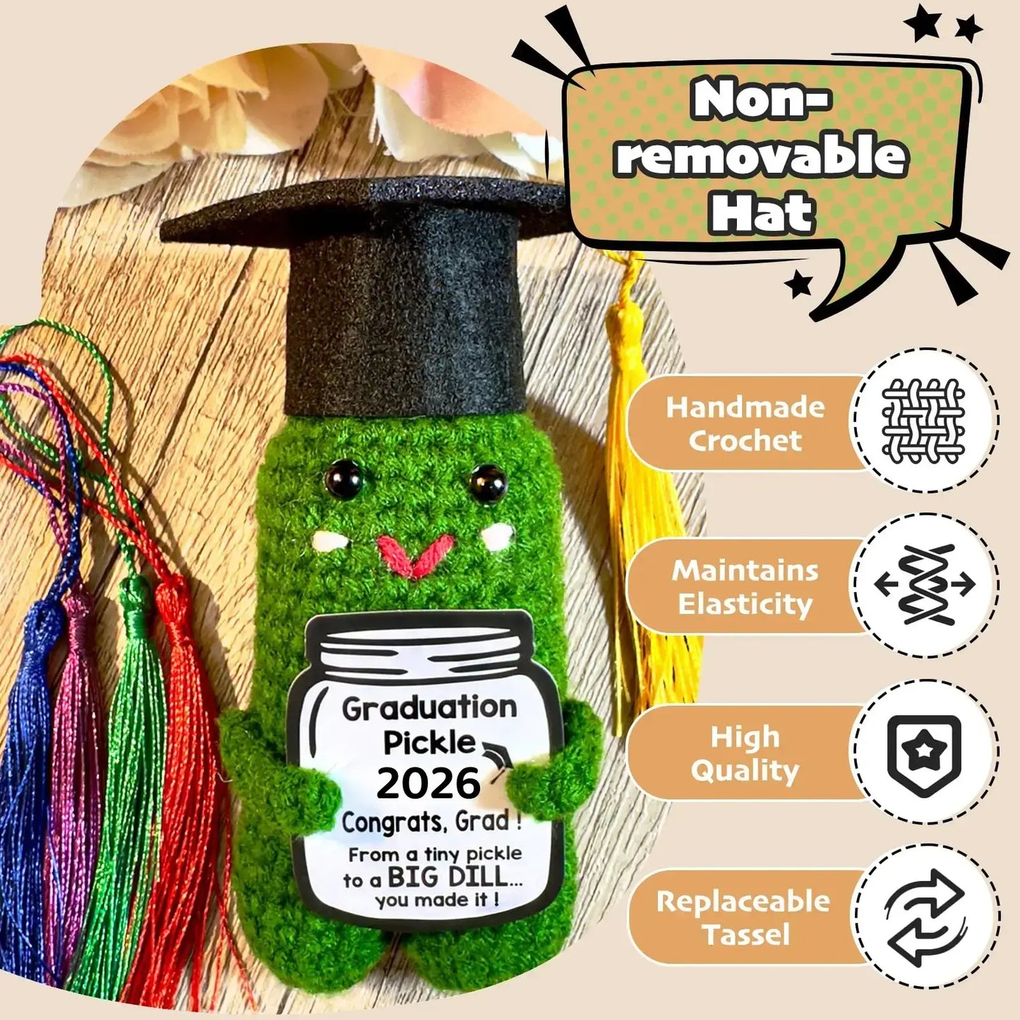 Graduation Pickle Funny Handmade Crochet Grad Gifts for Him Her - Cute Congrats Class of 2026 High School College Graduation Gifts with 5 Color Tassels