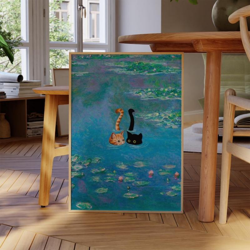Black and Orange Cat Print Monet Waterlily Funny Wall Art Poster for Home Valentines Day Decor
