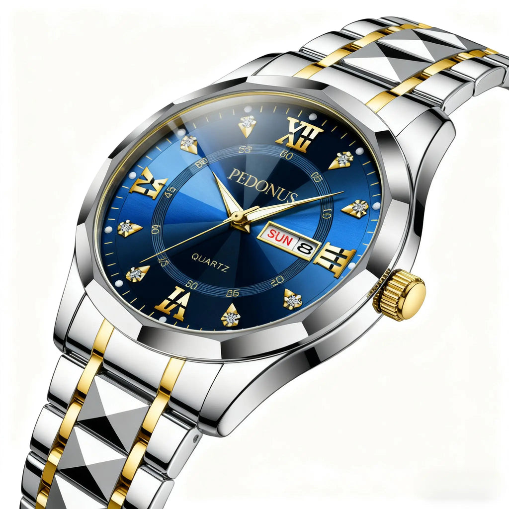 Men's Business Luminous Quartz Watch – Stainless Steel Gold-Accent Band & Blue Day/Date Dial