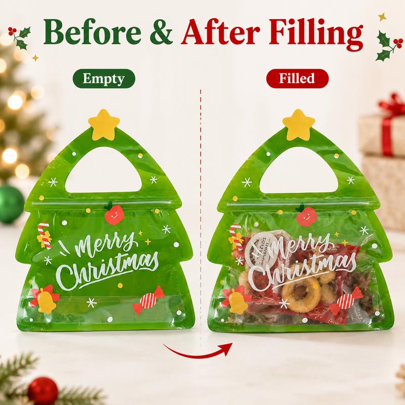 Christmas Tree Resealable Candy Bags with Handles (15/30 Pcs) – Holiday Party Favor & Cookie Pouch