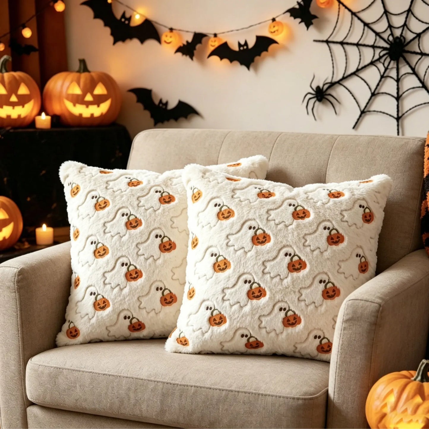 Embroidered Pumpkin Halloween Pillow Cover – Soft Faux Wool Farmhouse Decor