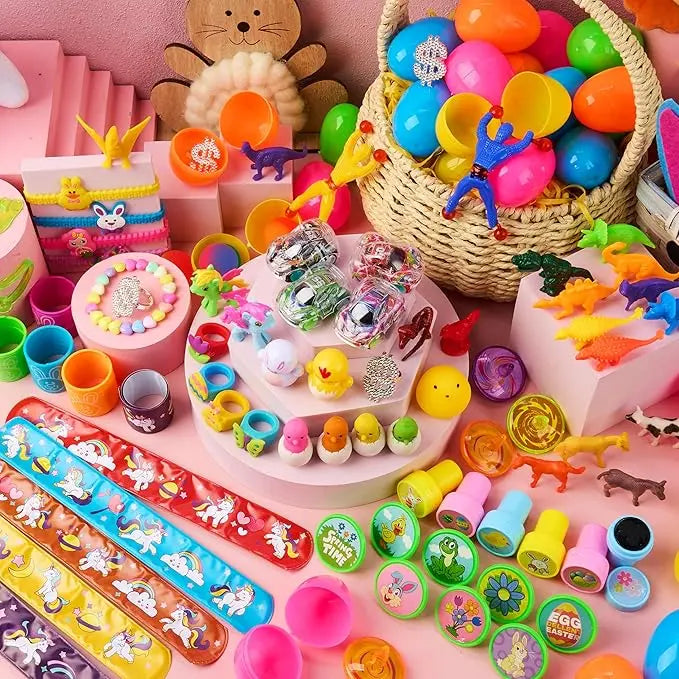 Prefilled Easter Eggs Toys and Stickers for Easter Egg Hunt, Filled with Toys Party Favors for Kids Boys Girls Easter Eggs Hunt, Basket Stuffers Fillers, Classroom Prize Supplies Kids Outdoor Play