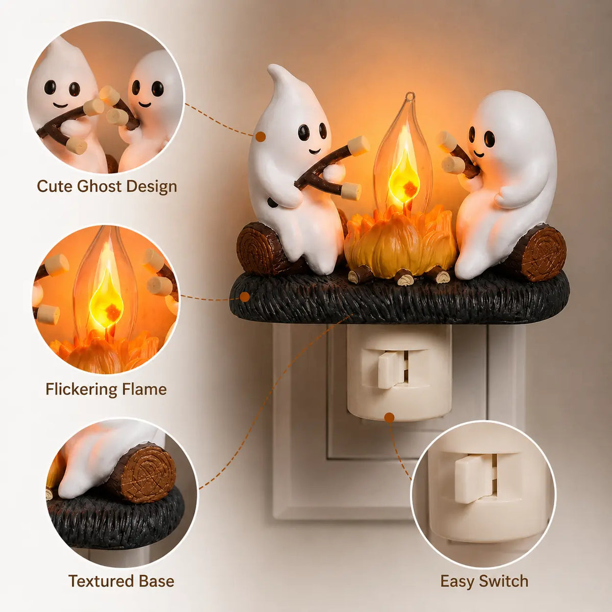 3D Flickering Campfire Plug-In LED Night Light – Cute Halloween & Christmas Resin Holiday Decoration