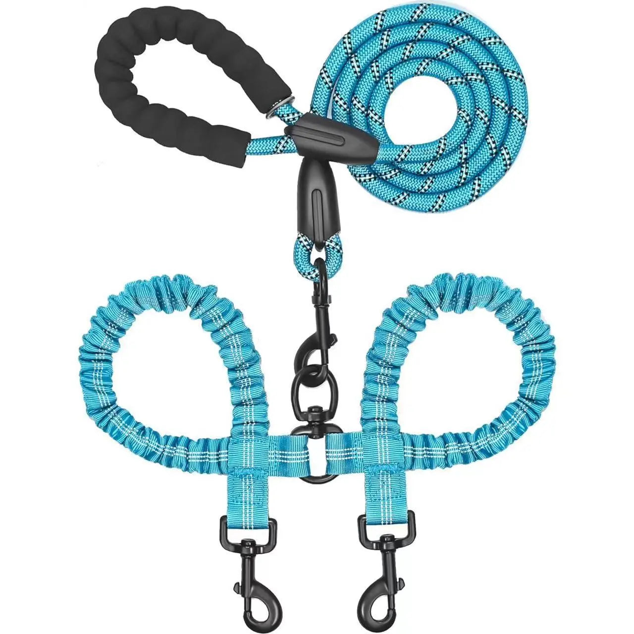 360° No-Tangle Double Dog Leash – Shock-Absorbing Bungee for Two Dogs