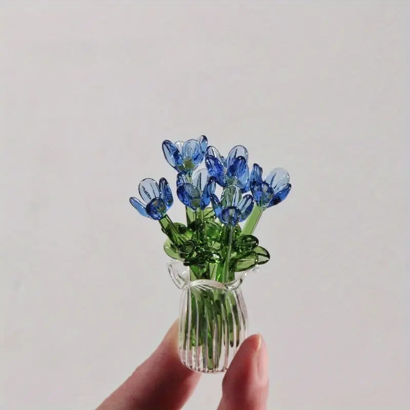 Handcrafted Mini Glass Artificial Flower Set – 10Faux Flowers with Vase Decorative Bouquet