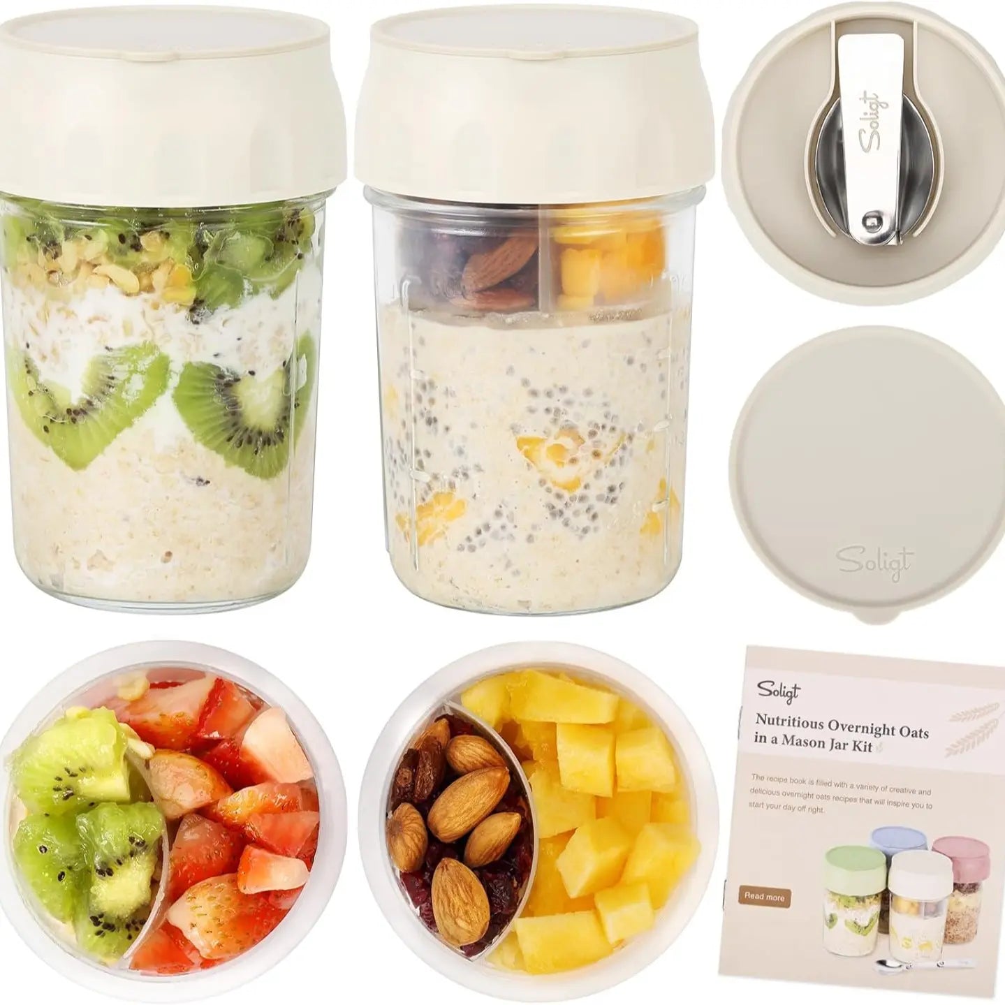 16oz Overnight Oats Containers with Folding Spoon & Divided Compartments, Portable Glass Jars for Oatmeal, Yogurt, Fruit & Meal Prep