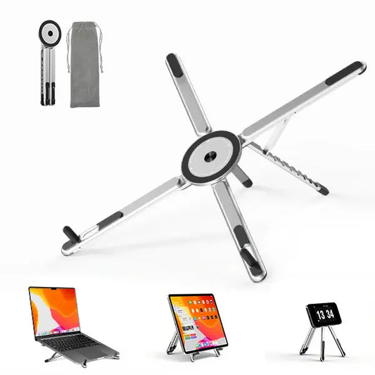 Viozon Foldable Aluminum Laptop Stand – Adjustable Desk Riser with Magnetic Phone Holder for 10–16” Laptops (Silver)