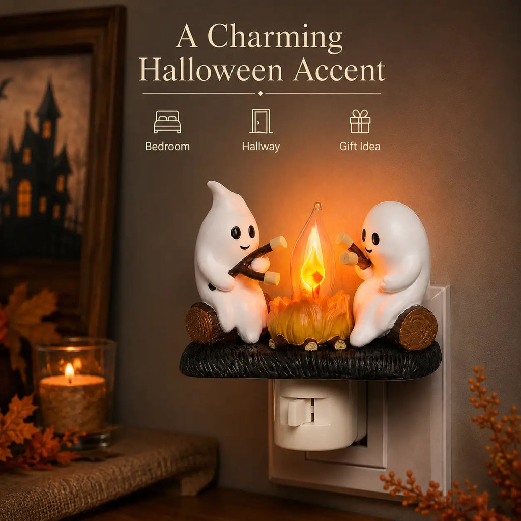 3D Flickering Campfire Plug-In LED Night Light – Cute Halloween & Christmas Resin Holiday Decoration