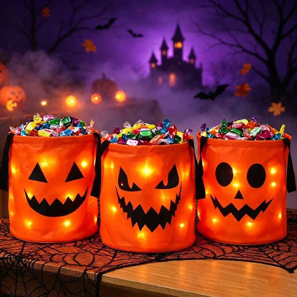 LED Halloween Pumpkin Light Candy Bucket & Goodie Bag Set (4 Pcs) – Reusable Trick-or-Treat Gift