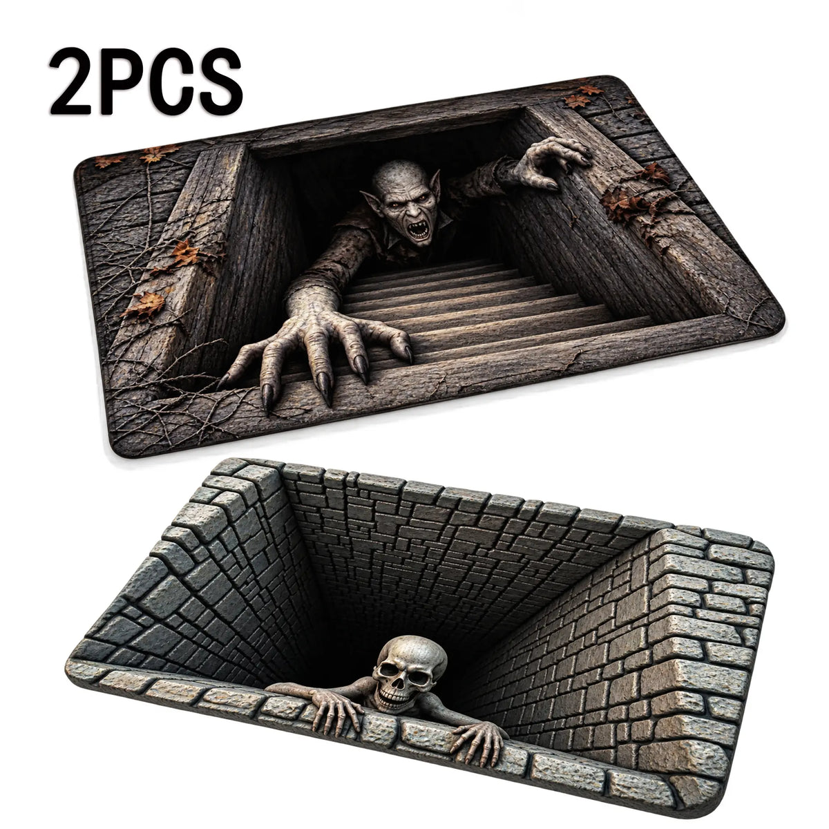 Halloween Front Door Mat – Festive 3D Visual Skull & Clown Horror Rug