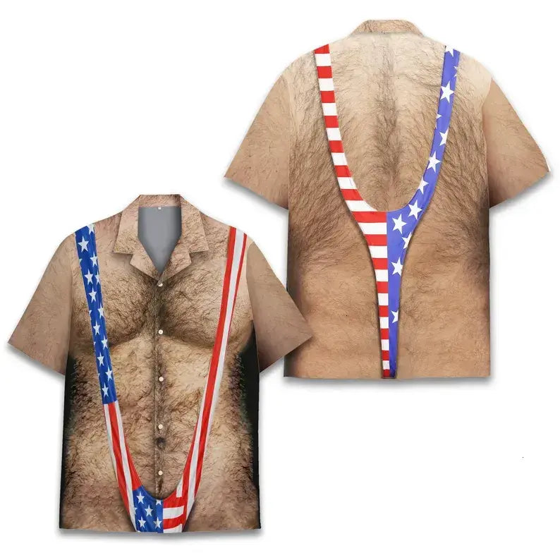 Men's Funny American Flag Hawaiian Shirt: 4th of July Chest Hair Illusion Button-Up