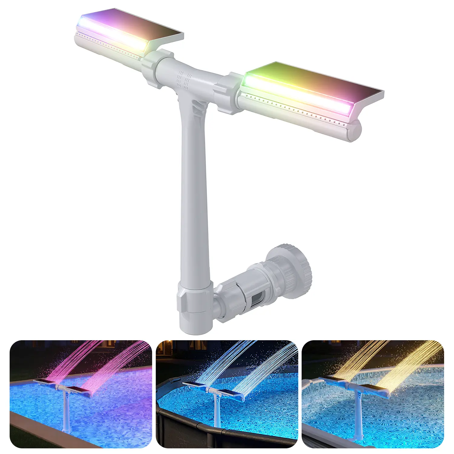 Fontaine solaire de piscine avec lumières à détection automatique et télécommande | Double pulvérisation, arroseur réglable pour piscines hors sol/enterrées