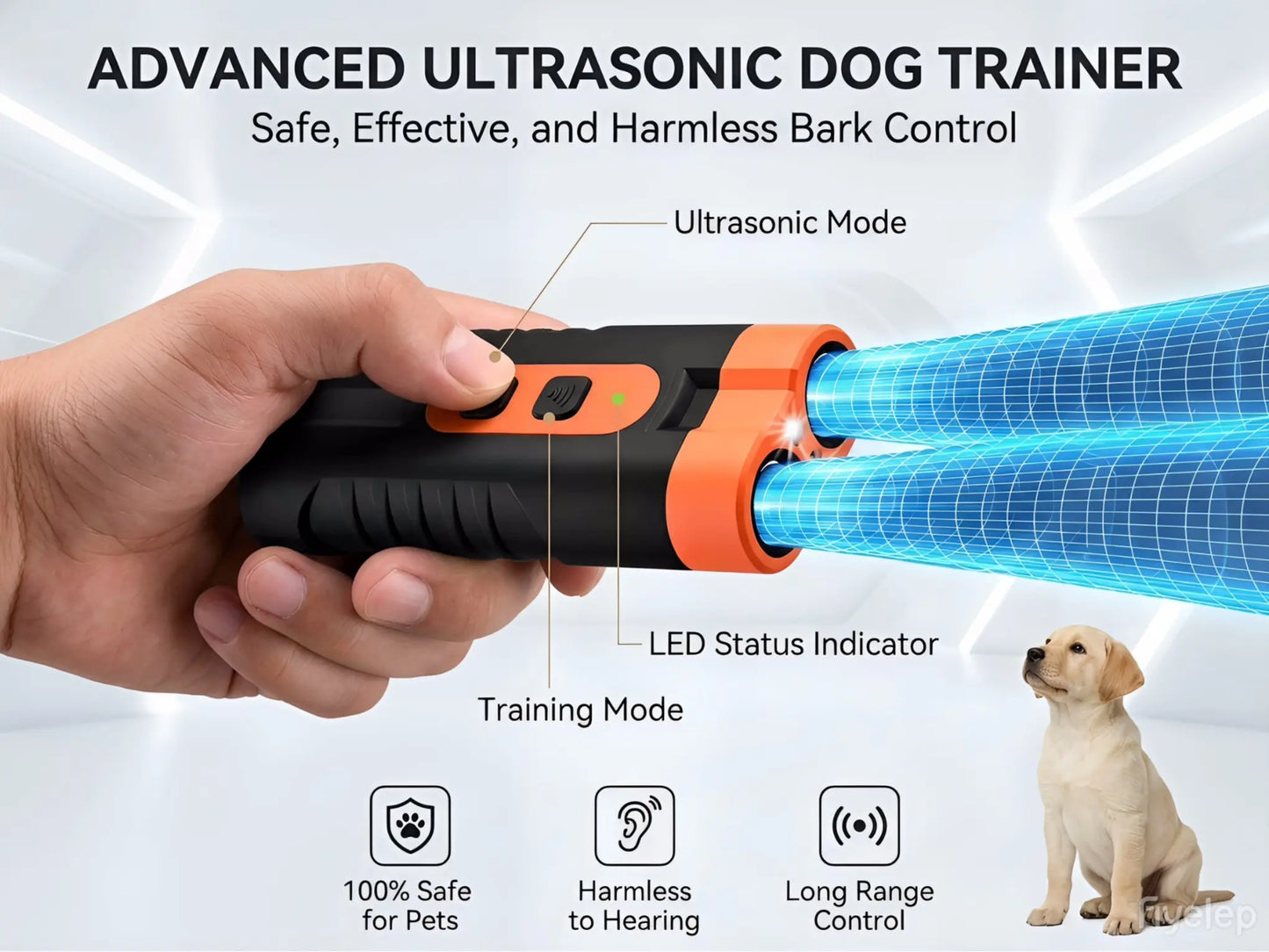 Ultrasonic Dog Barking Deterrent Training Tool - USB-Rechargeable, Dual Emitter, 50ft Range, 25KHz Frequency, Flashlight, Portable Grip, Kit Included for Indoor & Outdoor Dog Behavior Control
