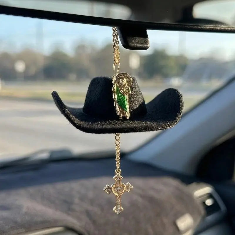 Handmade St. Jude Black Sombrero Car Blessing Charm – Faith Protection Rearview Mirror Ornament