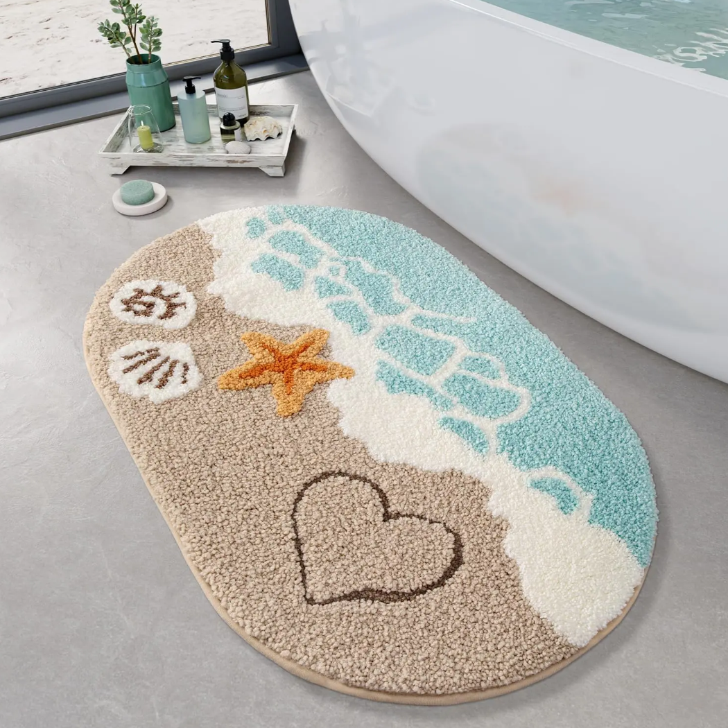 Coastal Beach Bathroom Rug – Soft Absorbent Non-Slip Bath Mat with Starfish & Seashell Design