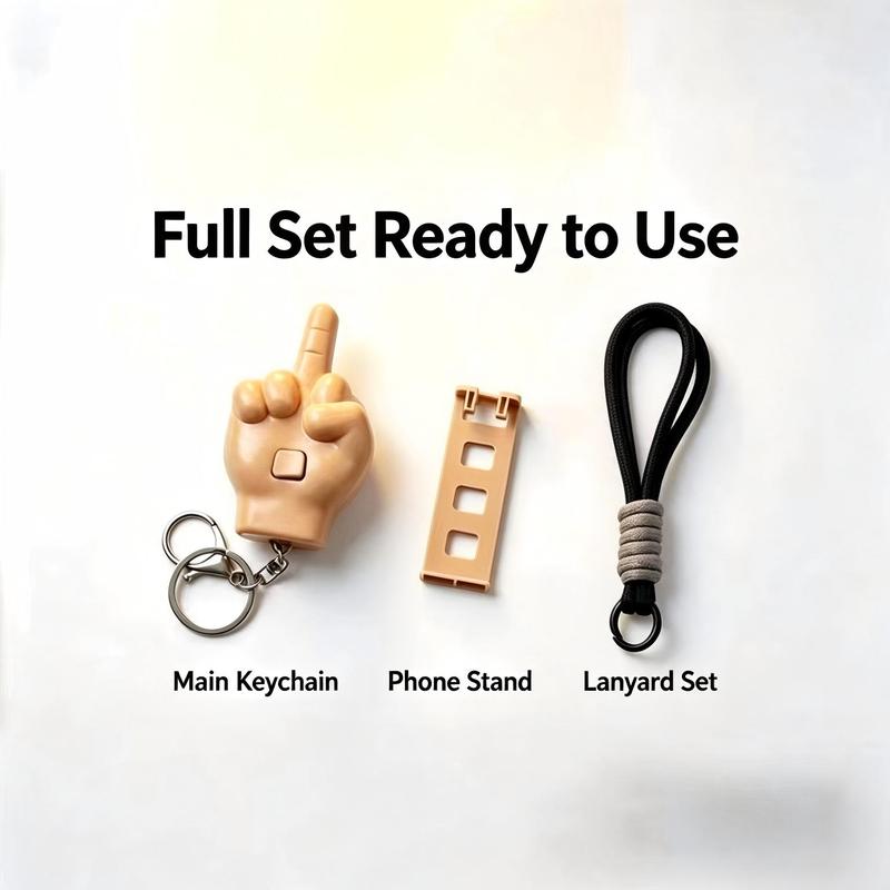 3-Piece Retractable Middle Finger Prank Pendant Set with Press Keychain & Phone Holder